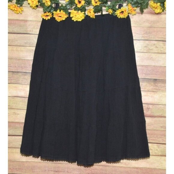 Haband! Black Tiered Flared Midi Skirt Size L Gauzy Elastic Waist Gypsy Western - Picture 2 of 8